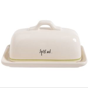 NEW Rae Dunn SPREAD. Butter Dish With Handle - Green Detail & Black Writing
